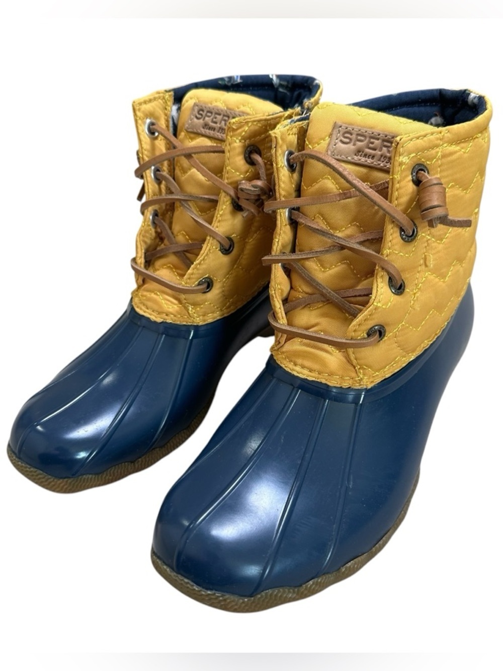 Sperry Women’s 8M Blue Mustard Duck Saltwater Chevron Quilt Nylon Rain Boots